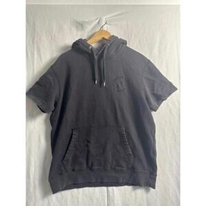 American Eagle Short Sleeve Hoodie L Black Gray Embroidered Logo Kangaroo Pocket